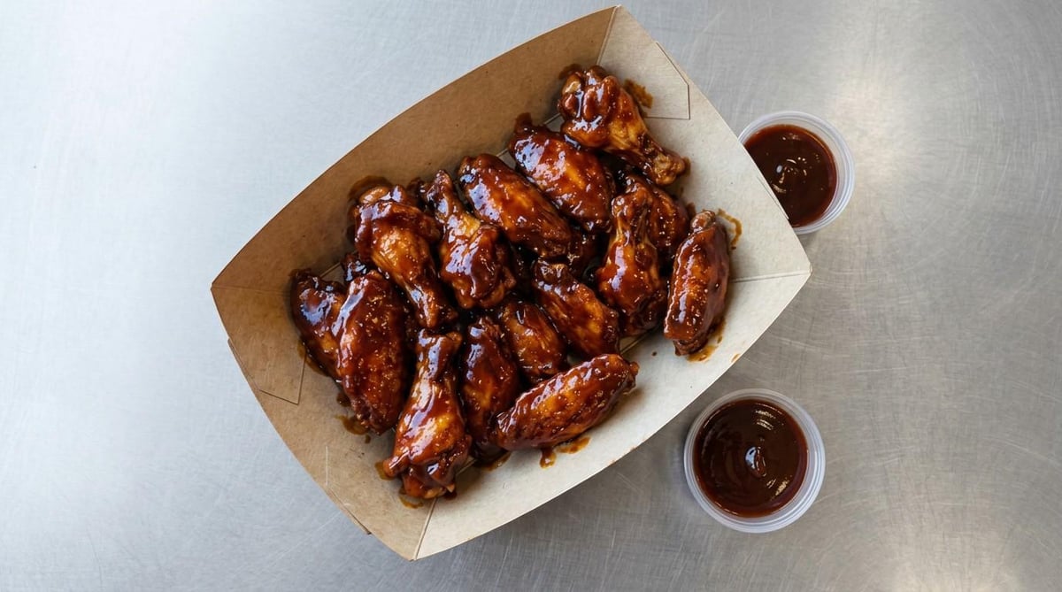 Tossed chicken wings fresh from the fryer
